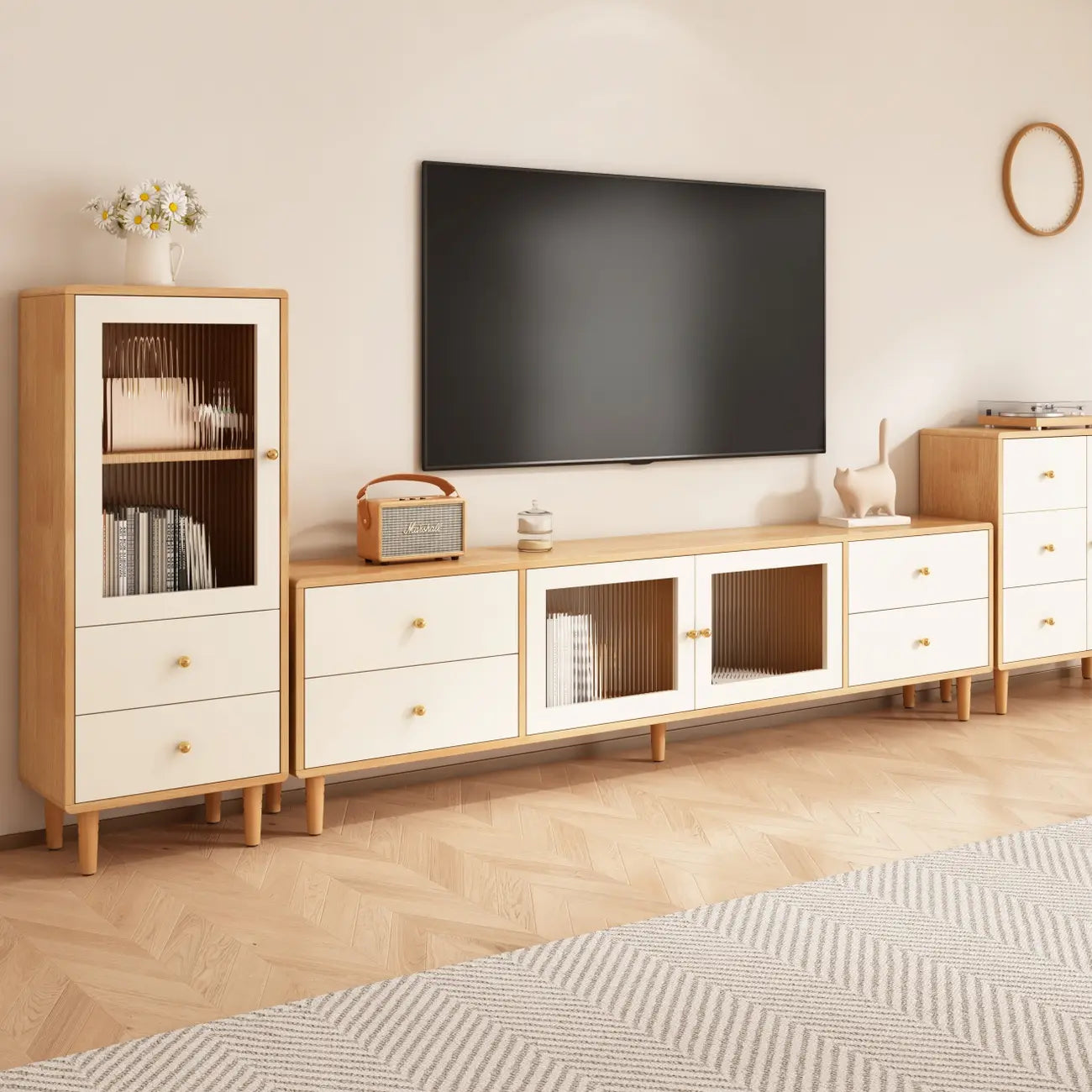 Mobile TV con cassetti e gestione cavi in legno naturale da 55 pollici