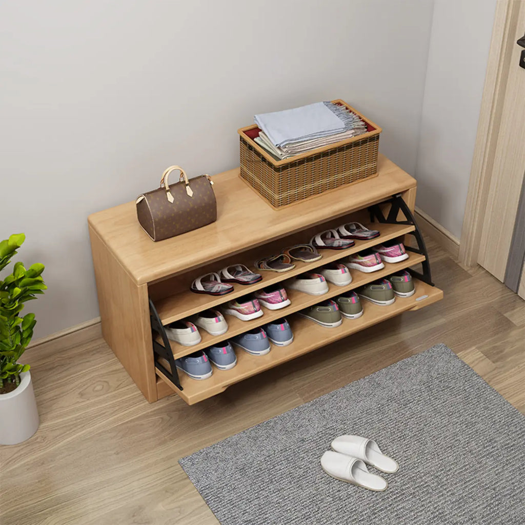 Banc de rangement à chaussures d'entrée en bois massif avec abattant