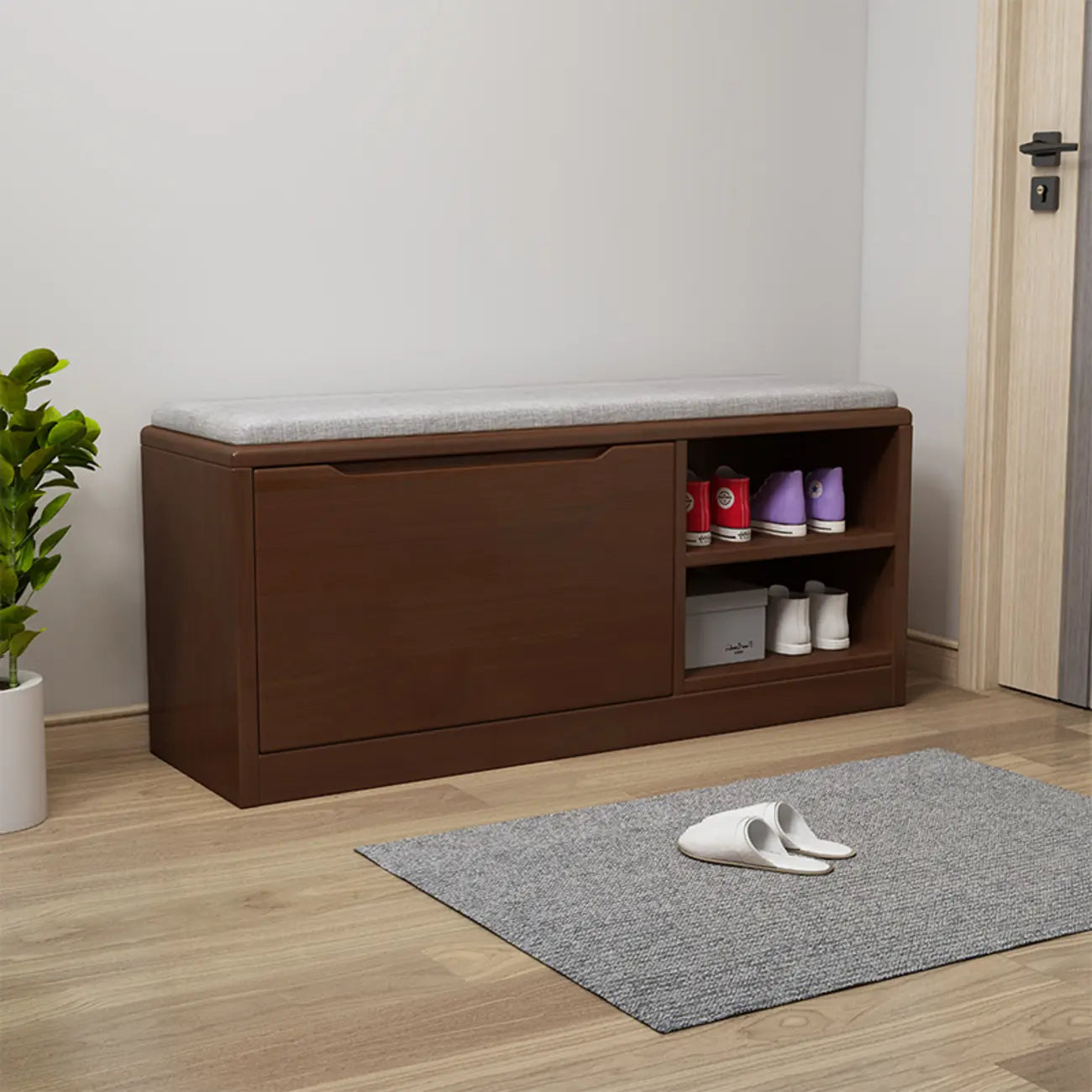 Banc de rangement à chaussures d'entrée en bois massif avec abattant