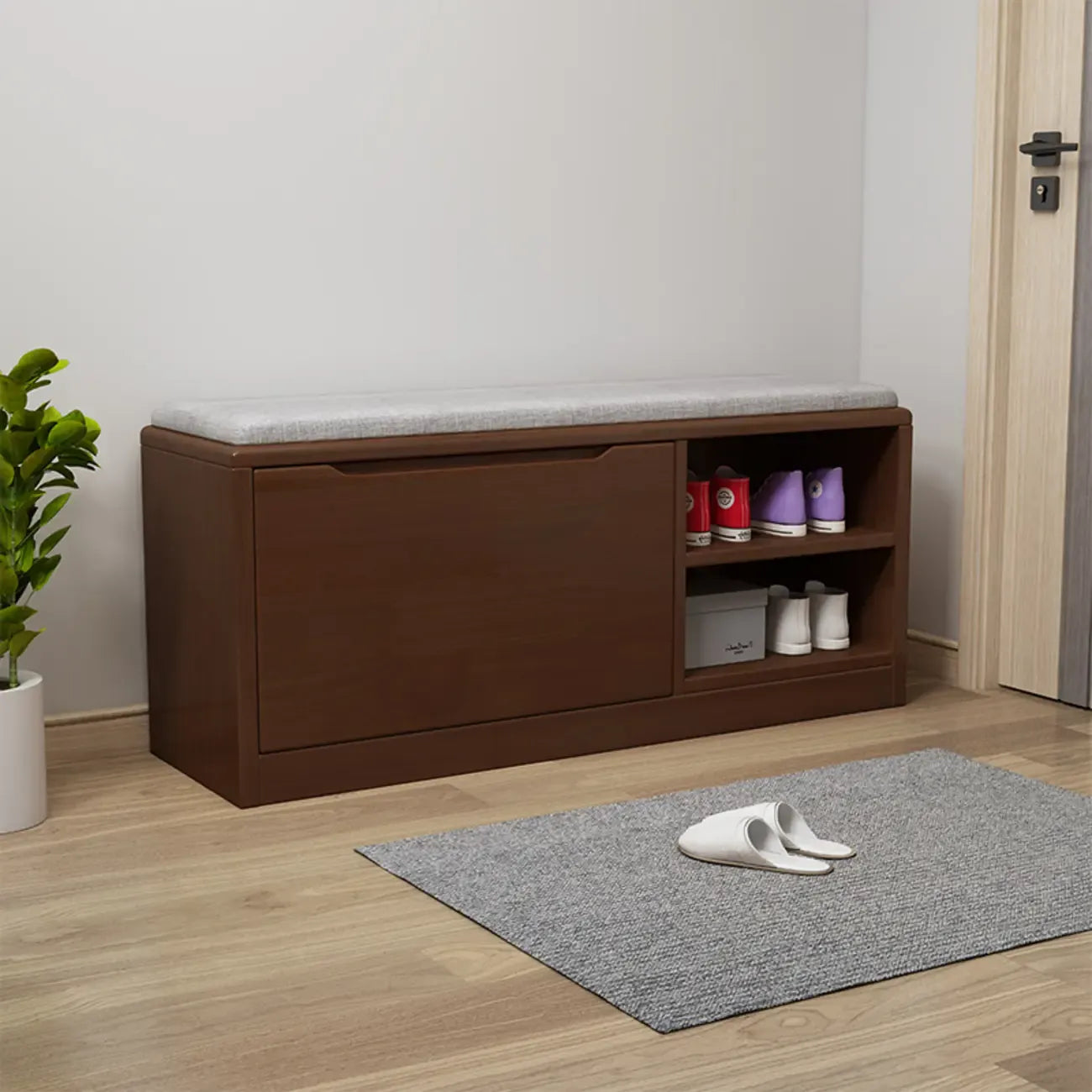 Banc de rangement à chaussures d'entrée en bois massif avec abattant