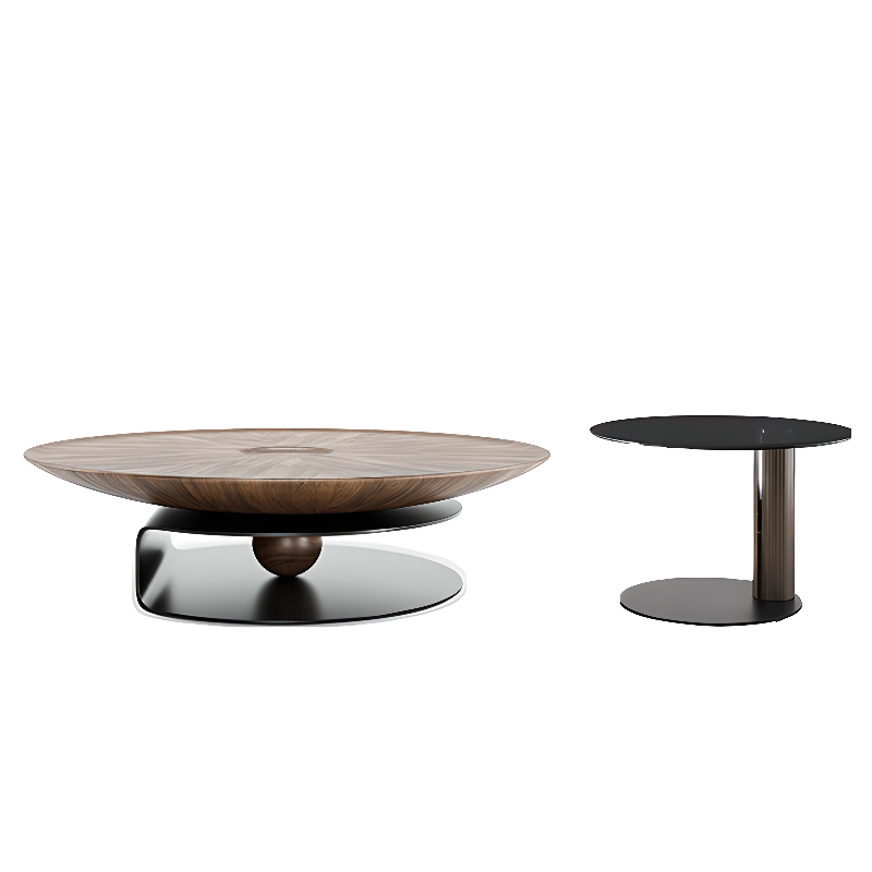 Table basse gigogne ronde en bois brun avec base en acier noir