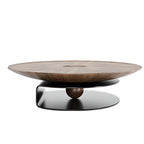 Table basse gigogne ronde en bois brun avec base en acier noir