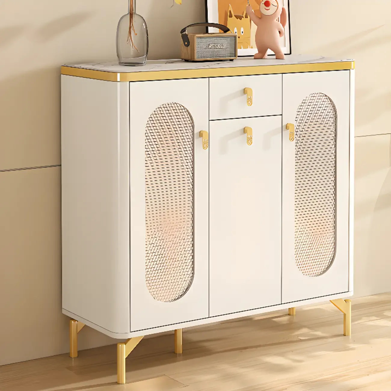 Meuble à chaussures d'entrée en bois blanc avec portes vitrées