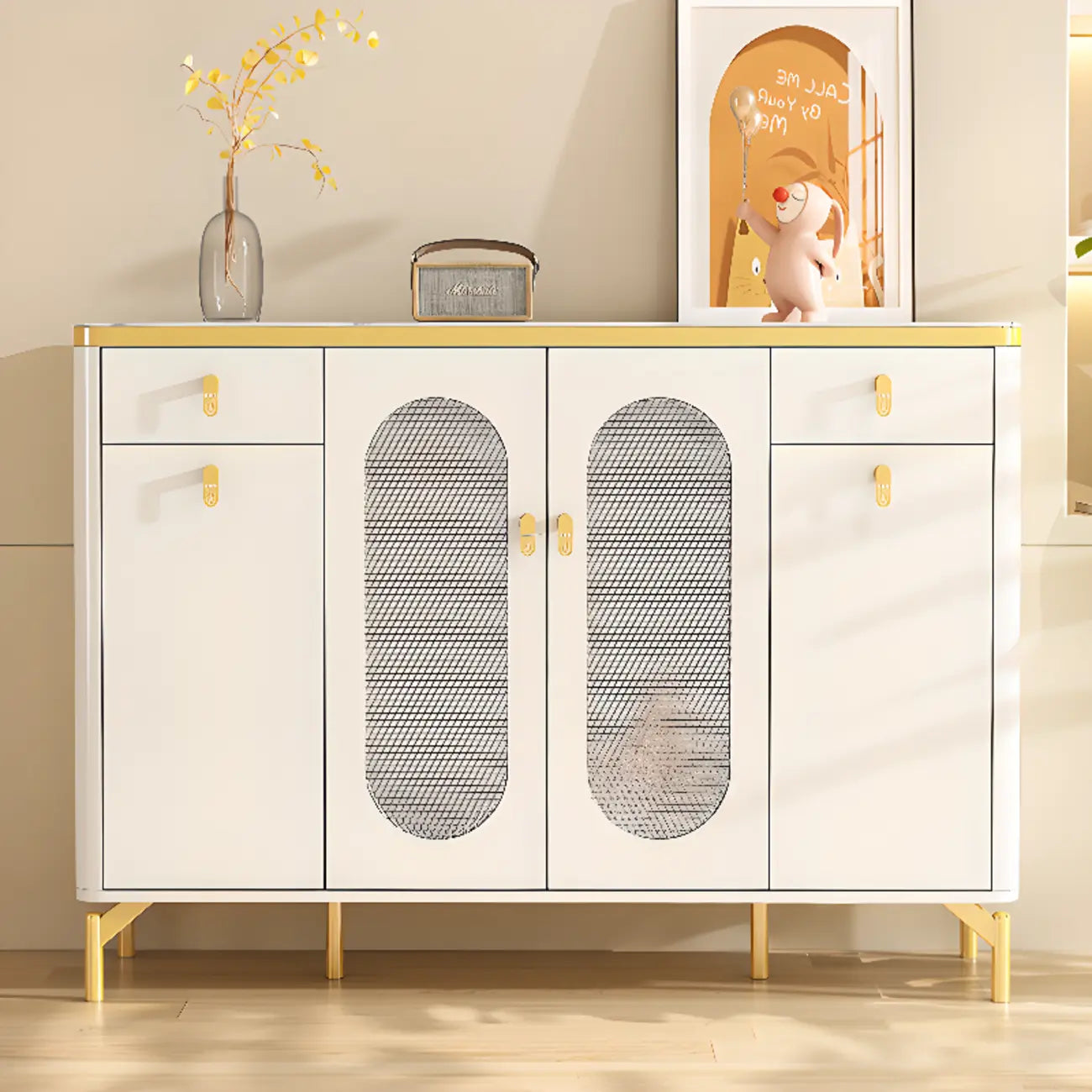 Meuble à chaussures d'entrée en bois blanc avec portes vitrées