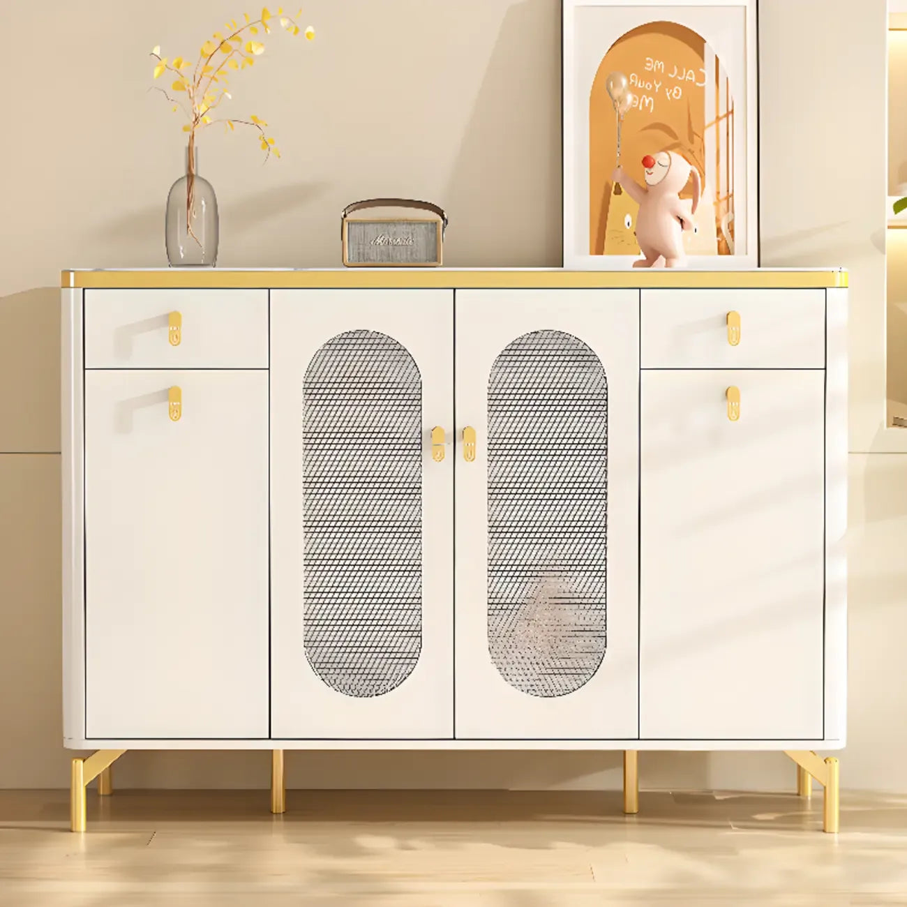 Meuble à chaussures d'entrée en bois blanc avec portes vitrées