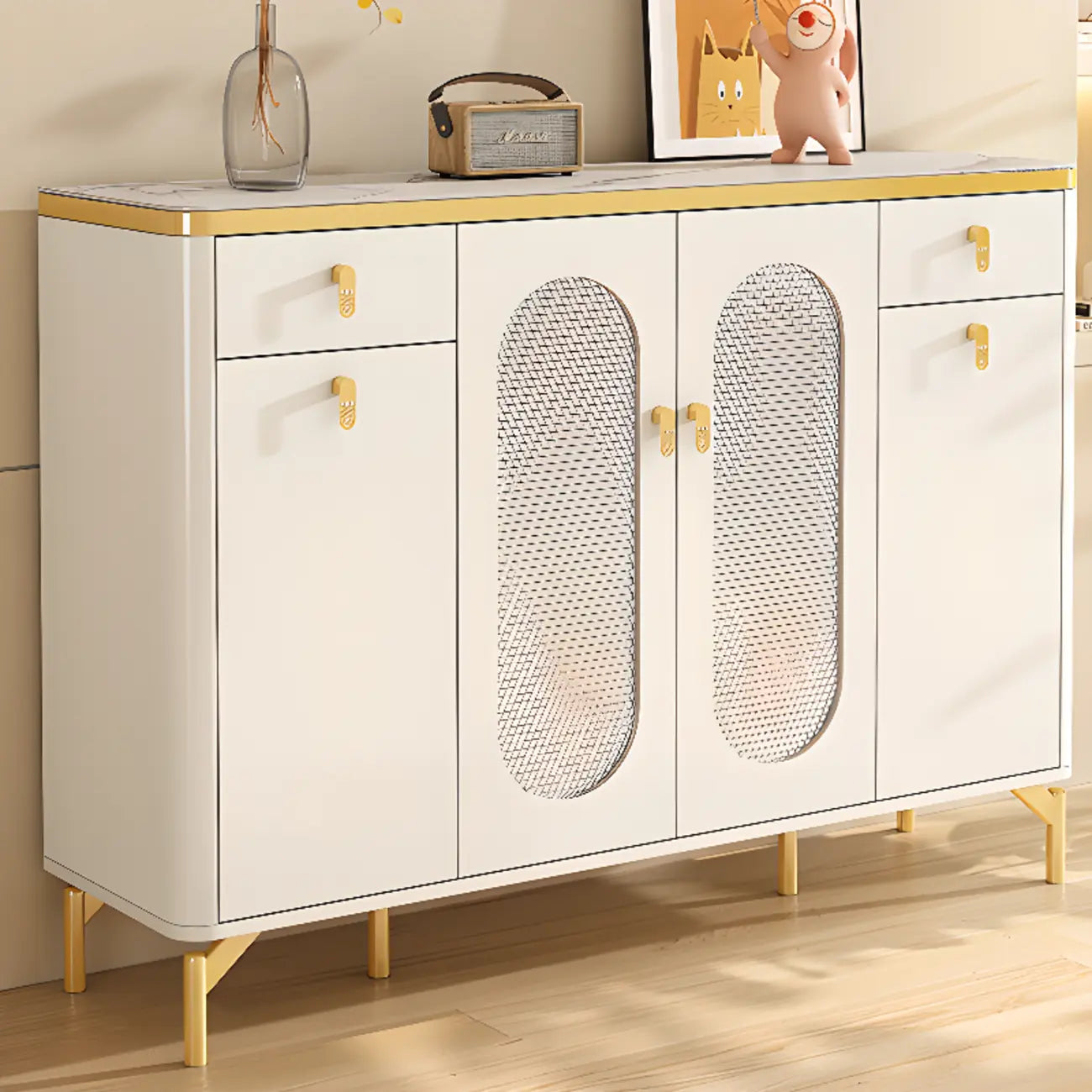 Meuble à chaussures d'entrée en bois blanc avec portes vitrées