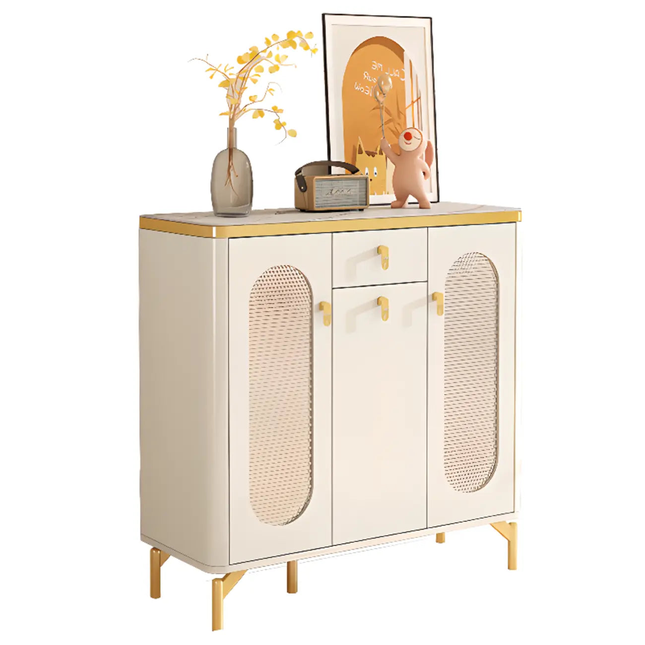 Meuble à chaussures d'entrée en bois blanc avec portes vitrées