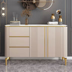 Armoire de rangement en métal doré avec grand plateau en pierre et sans poignée, style glamour