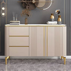 Armoire de rangement en métal doré avec grand plateau en pierre et sans poignée, style glamour