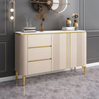 Armoire de rangement en métal doré avec grand plateau en pierre et sans poignée, style glamour