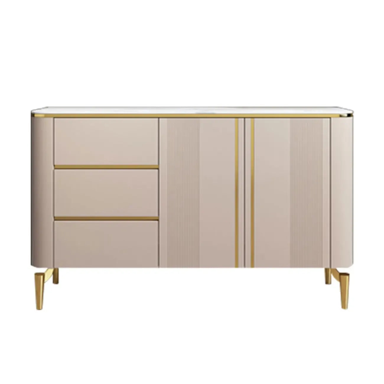 Armoire de rangement en métal doré avec grand plateau en pierre et sans poignée, style glamour