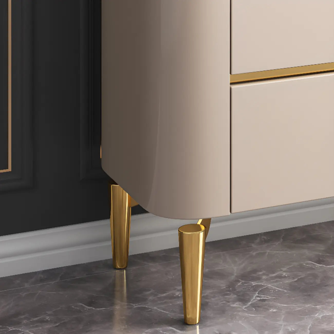 Armoire de rangement en métal doré avec grand plateau en pierre et sans poignée, style glamour