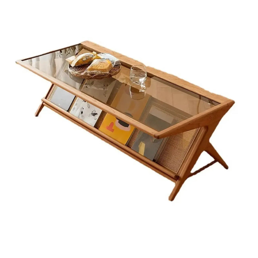Table basse rectangulaire moderne en verre et bois marron avec étagère