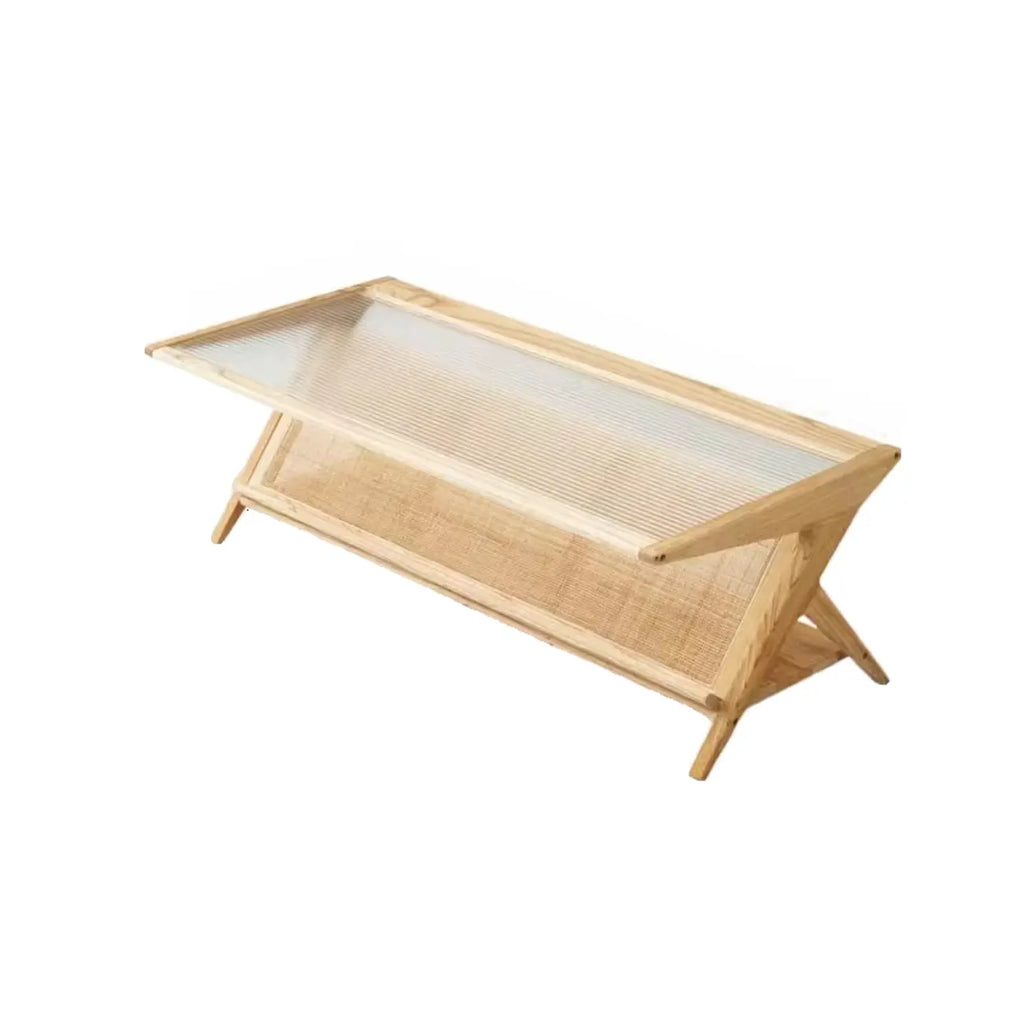 Table basse rectangulaire moderne en verre et bois marron avec étagère