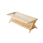 Table basse rectangulaire moderne en verre et bois marron avec étagère