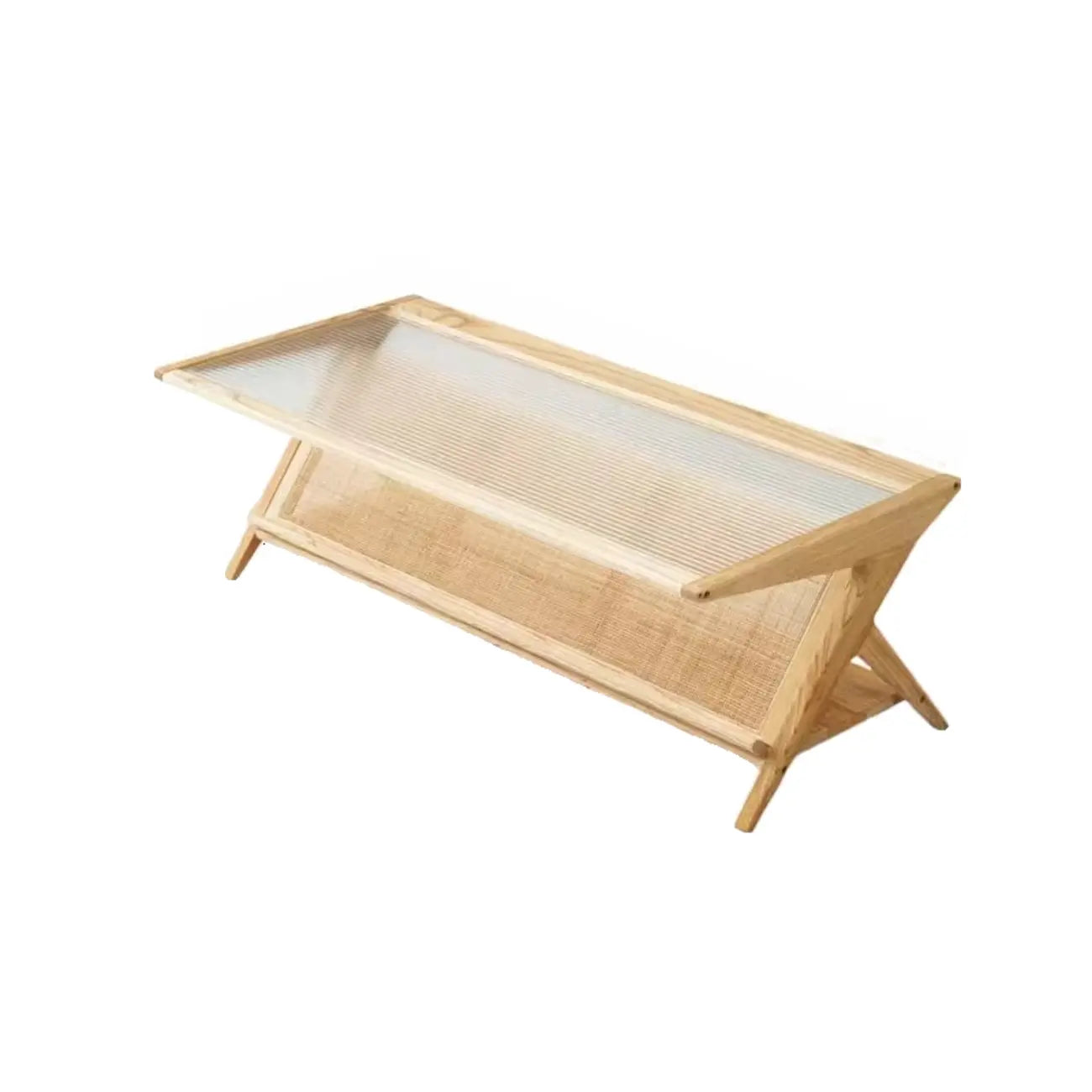 Table basse rectangulaire moderne en verre et bois marron avec étagère
