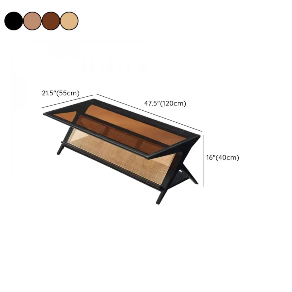 Table basse rectangulaire moderne en verre et bois marron avec étagère