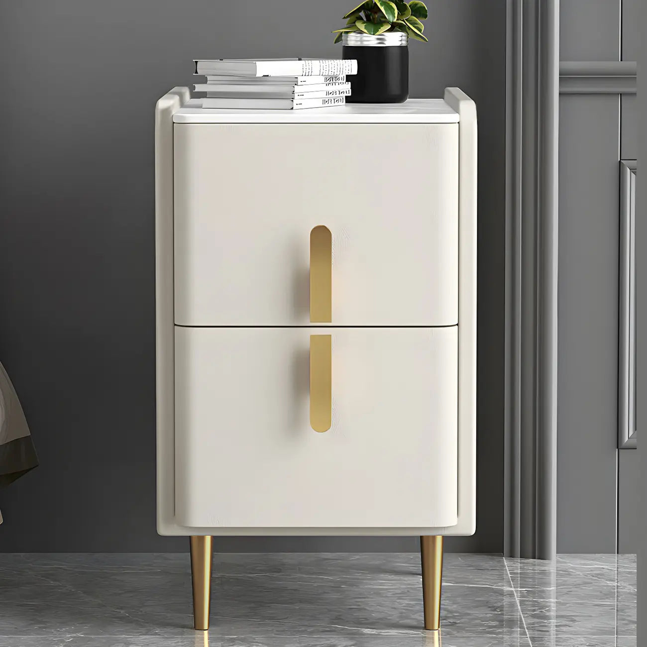 Table de chevet glamour à 2 tiroirs – Finition blanc cassé