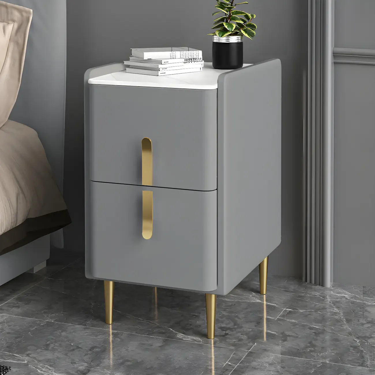 Table de chevet glamour à 2 tiroirs – Finition blanc cassé