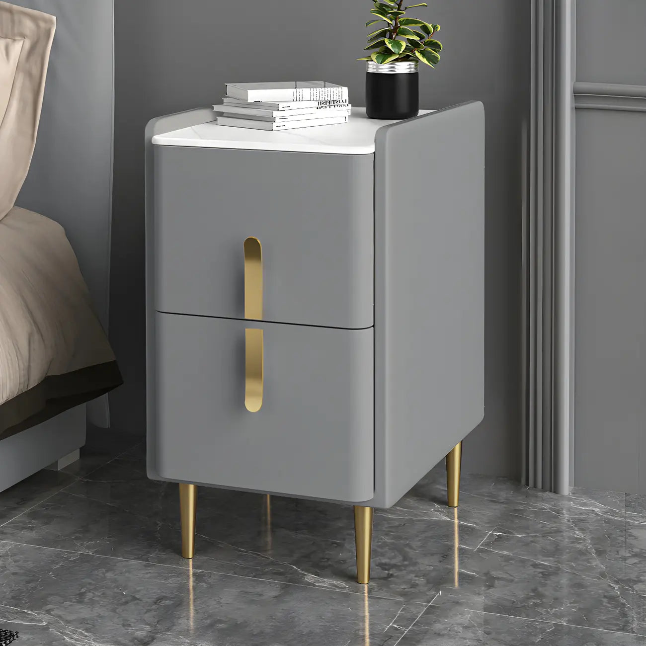 Table de chevet glamour à 2 tiroirs – Finition blanc cassé