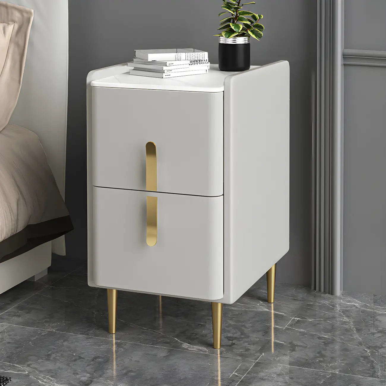 Table de chevet glamour à 2 tiroirs – Finition blanc cassé
