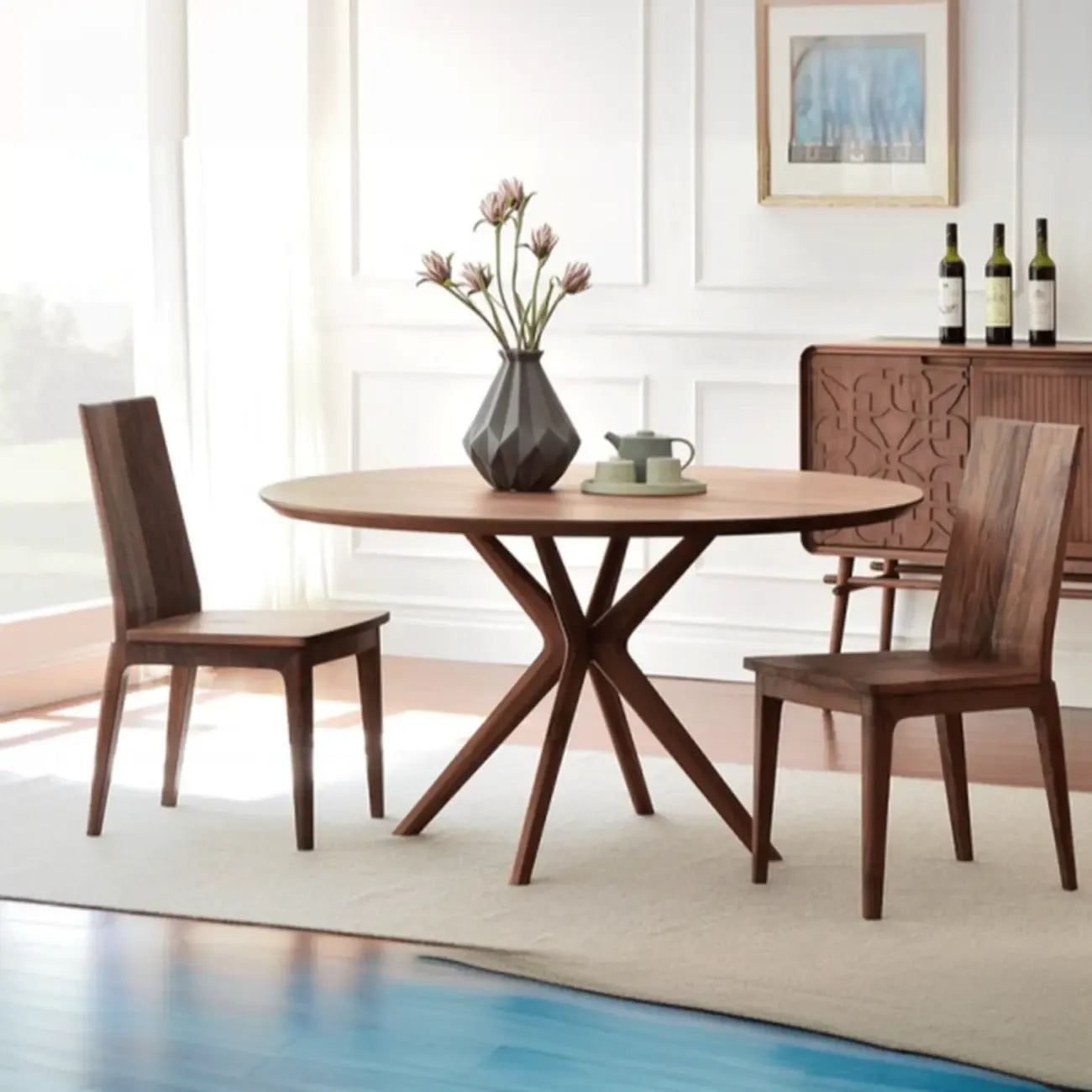 Table de salle à manger ronde moderne en bois massif marron