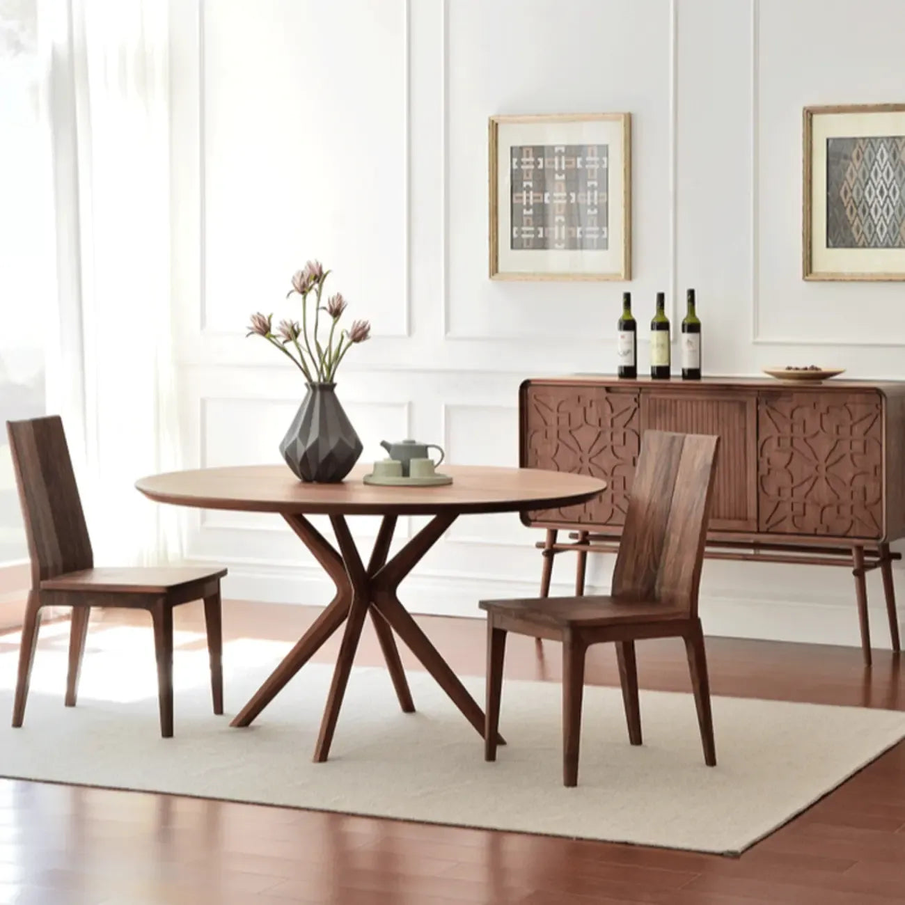 Table de salle à manger ronde moderne en bois massif marron
