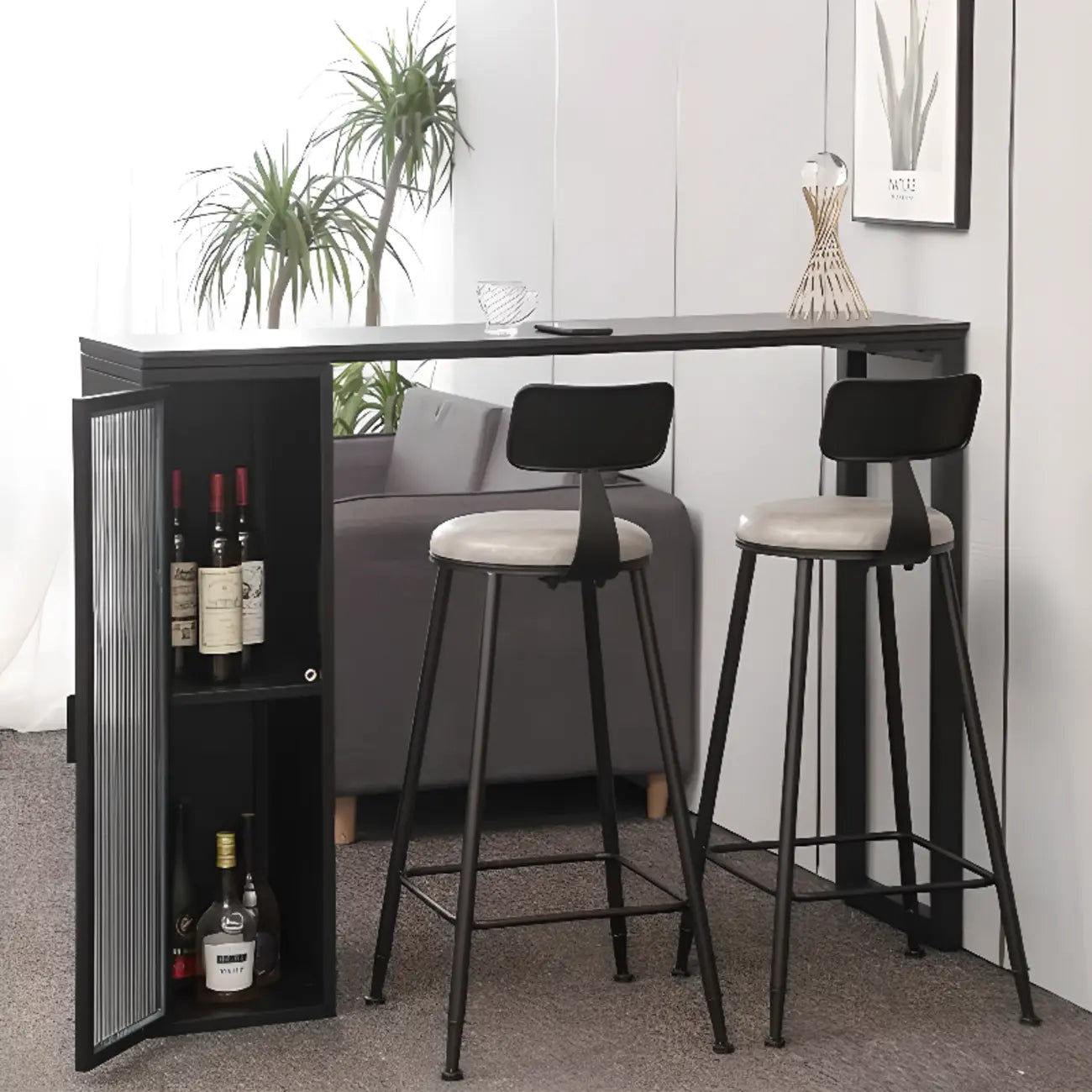 Tables de bar modernes en métal noir avec plateau fixe et rangement