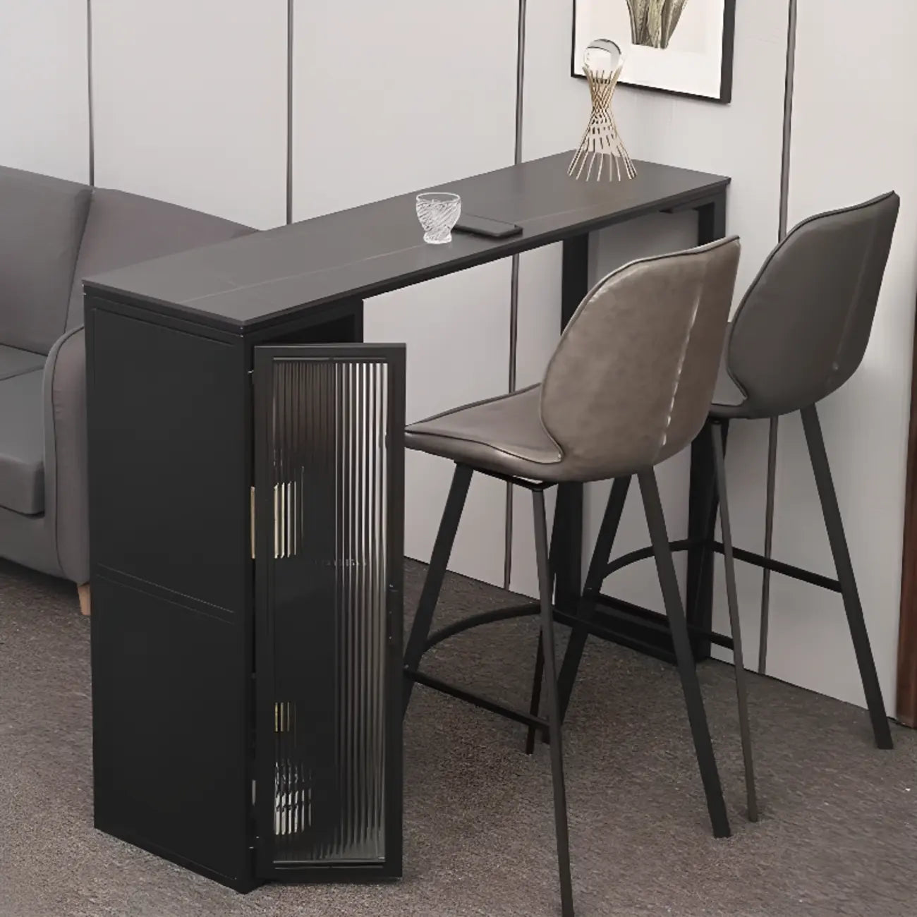 Tables de bar modernes en métal noir avec plateau fixe et rangement