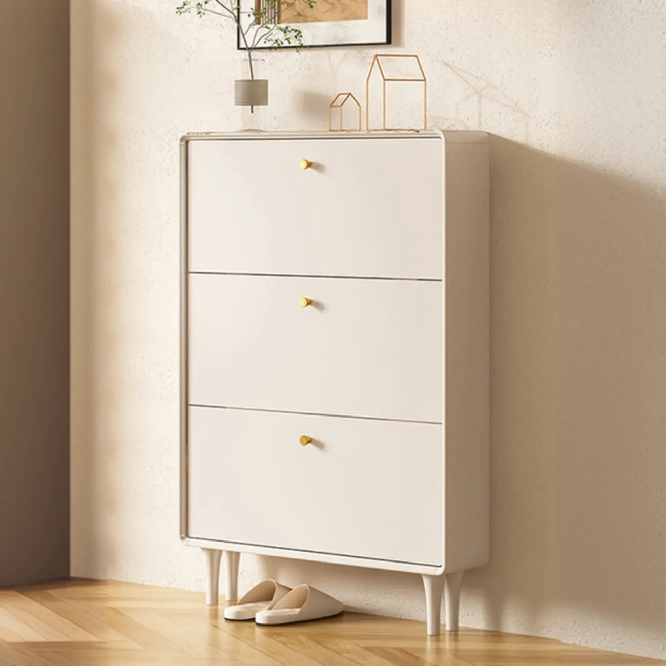 Meuble à chaussures d'entrée en bois beige avec rangement dissimulé