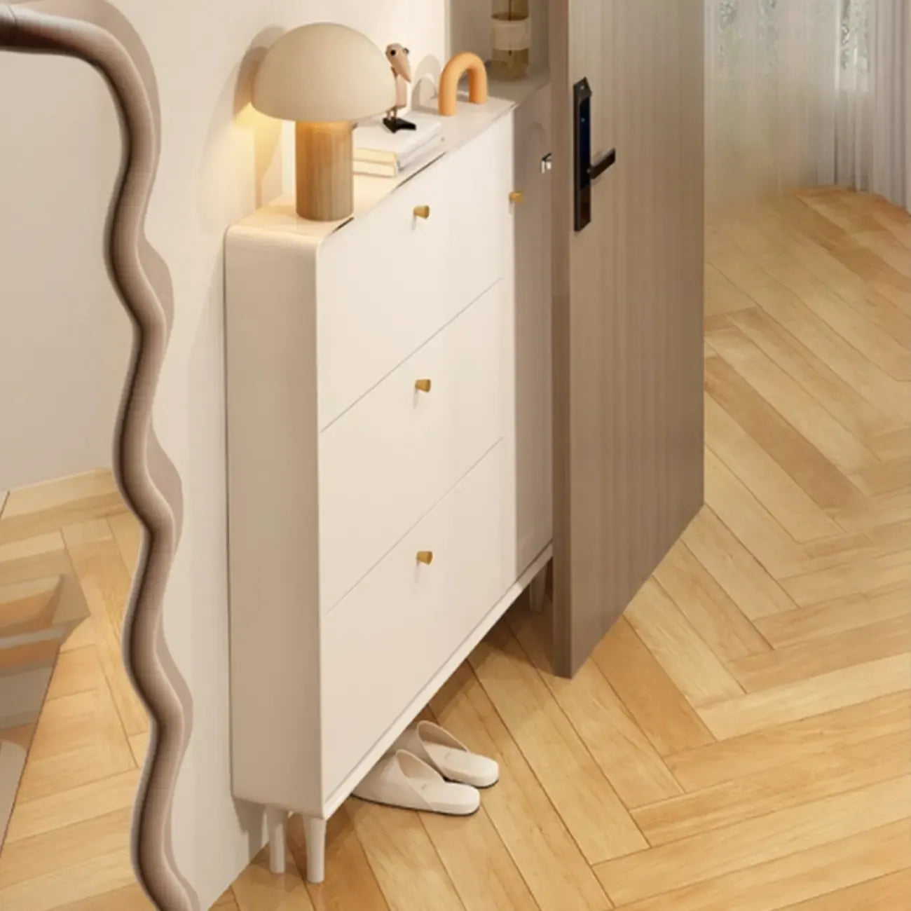 Meuble à chaussures d'entrée en bois beige avec rangement dissimulé