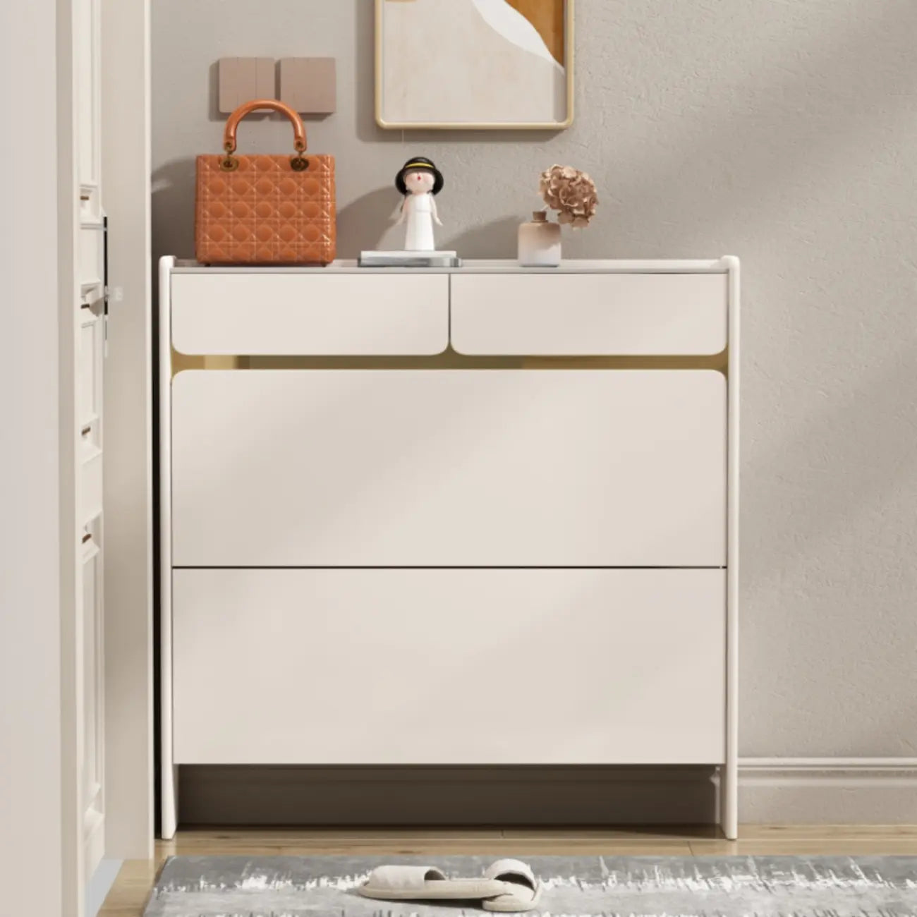 Meuble à chaussures glamour en bois blanc avec tiroirs pour entrée