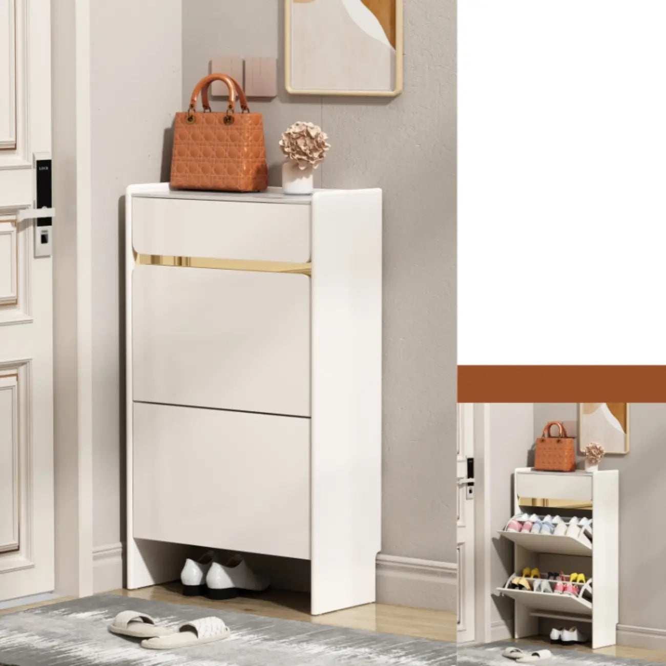 Meuble à chaussures glamour en bois blanc avec tiroirs pour entrée