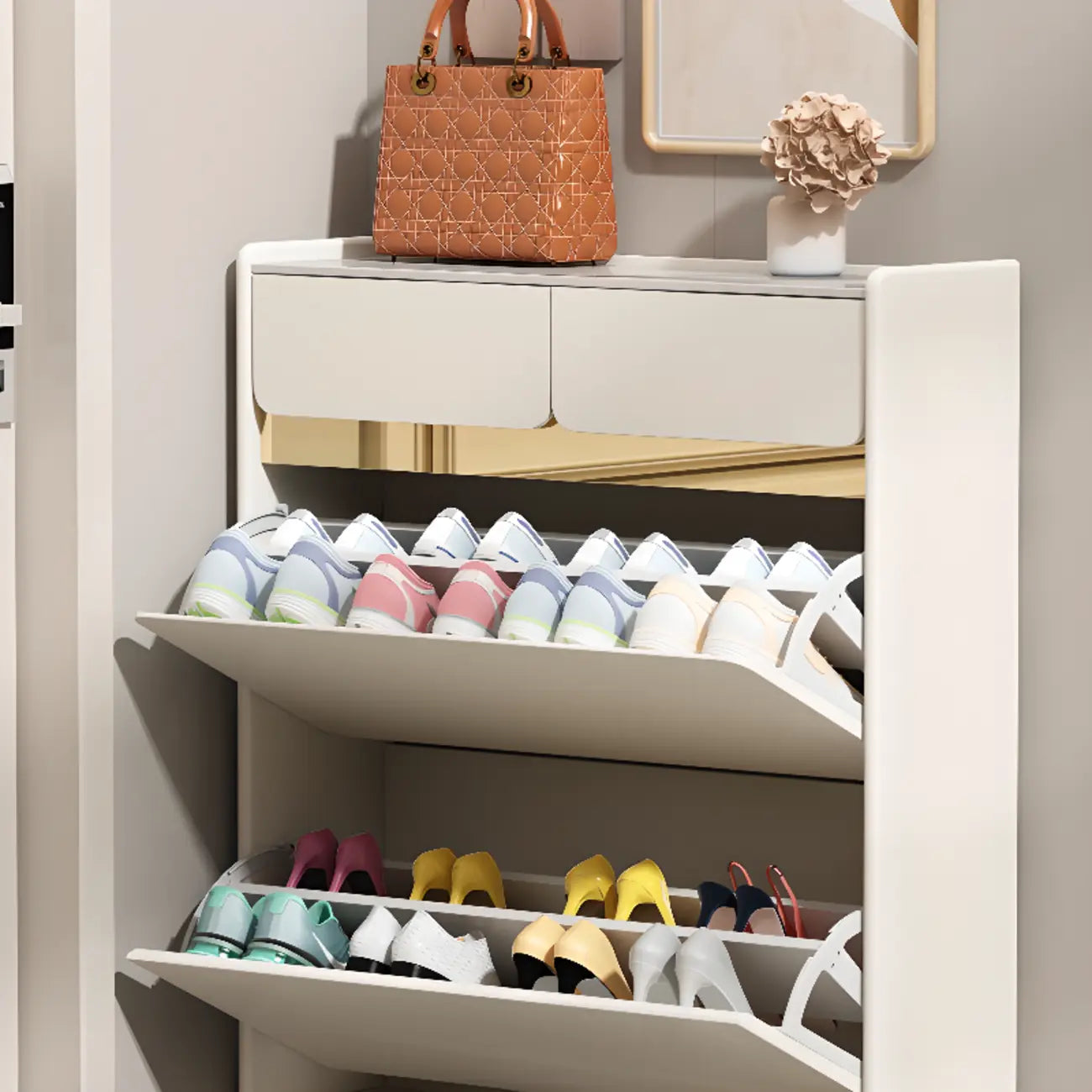 Meuble à chaussures glamour en bois blanc avec tiroirs pour entrée