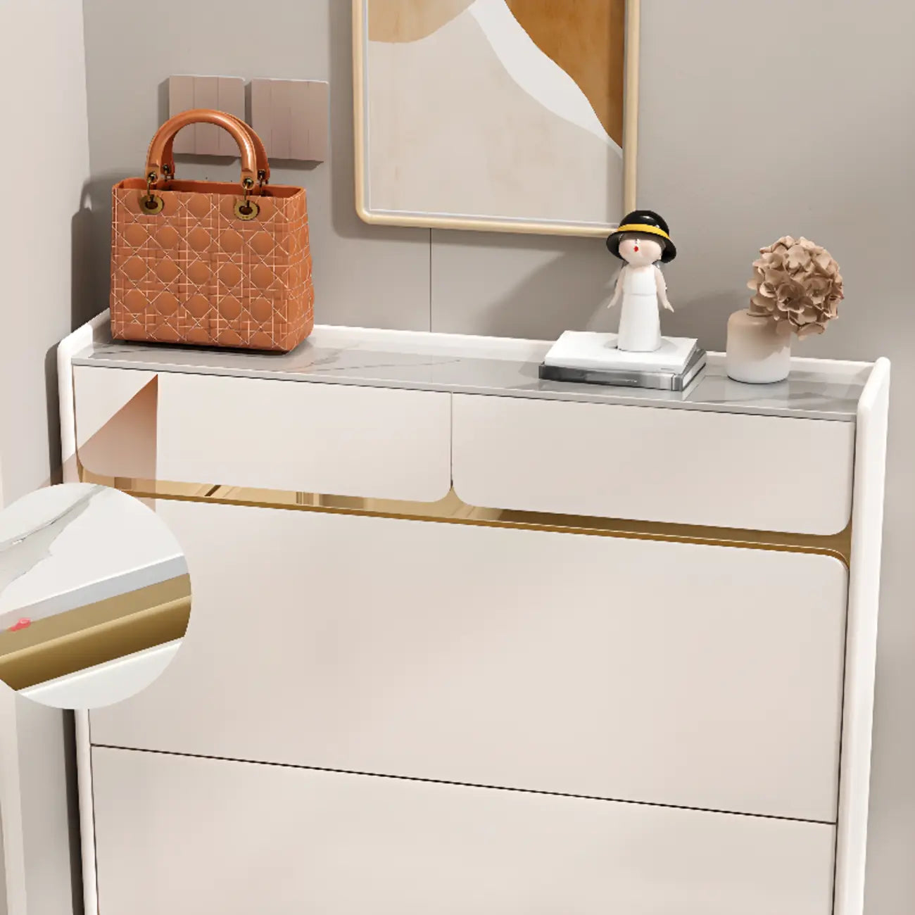 Meuble à chaussures glamour en bois blanc avec tiroirs pour entrée