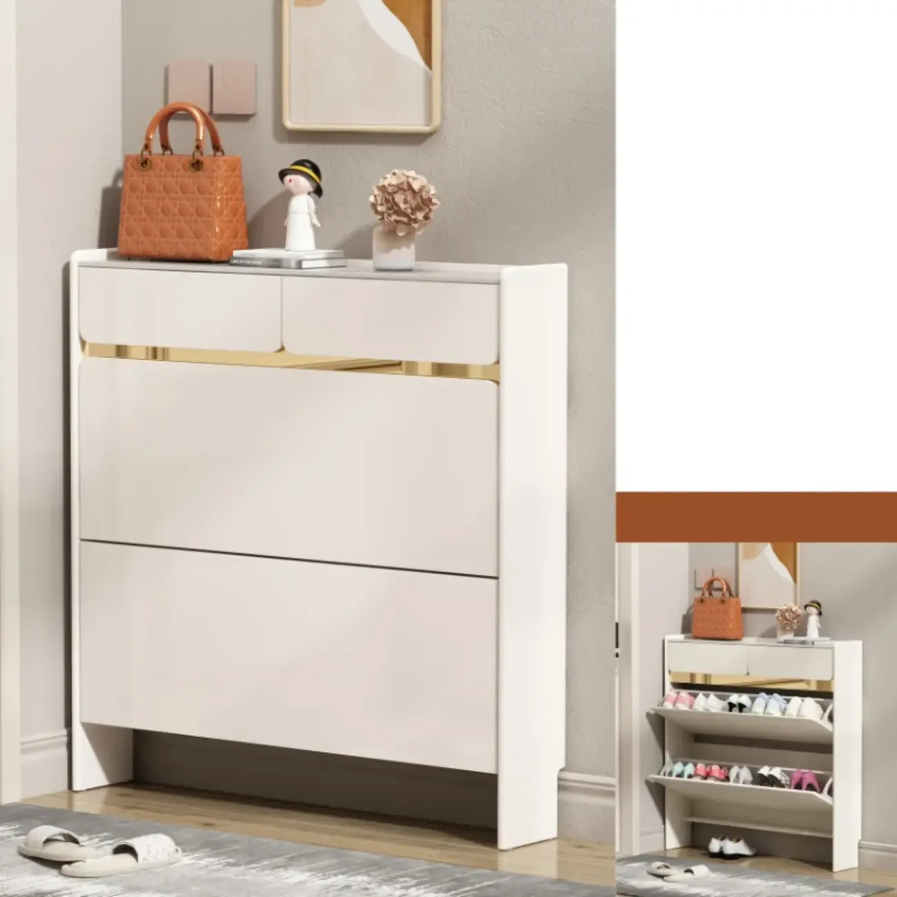 Meuble à chaussures glamour en bois blanc avec tiroirs pour entrée