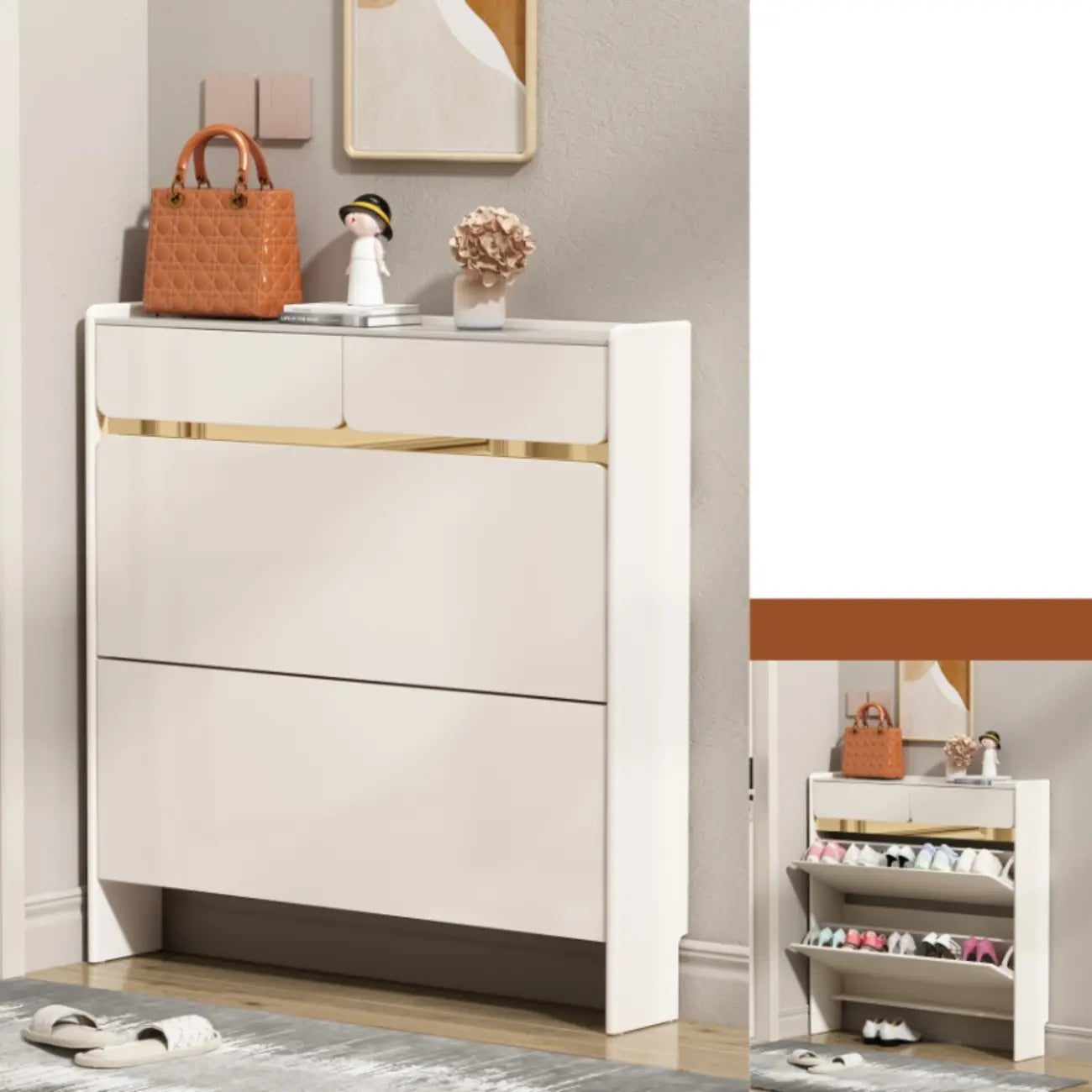 Meuble à chaussures glamour en bois blanc avec tiroirs pour entrée
