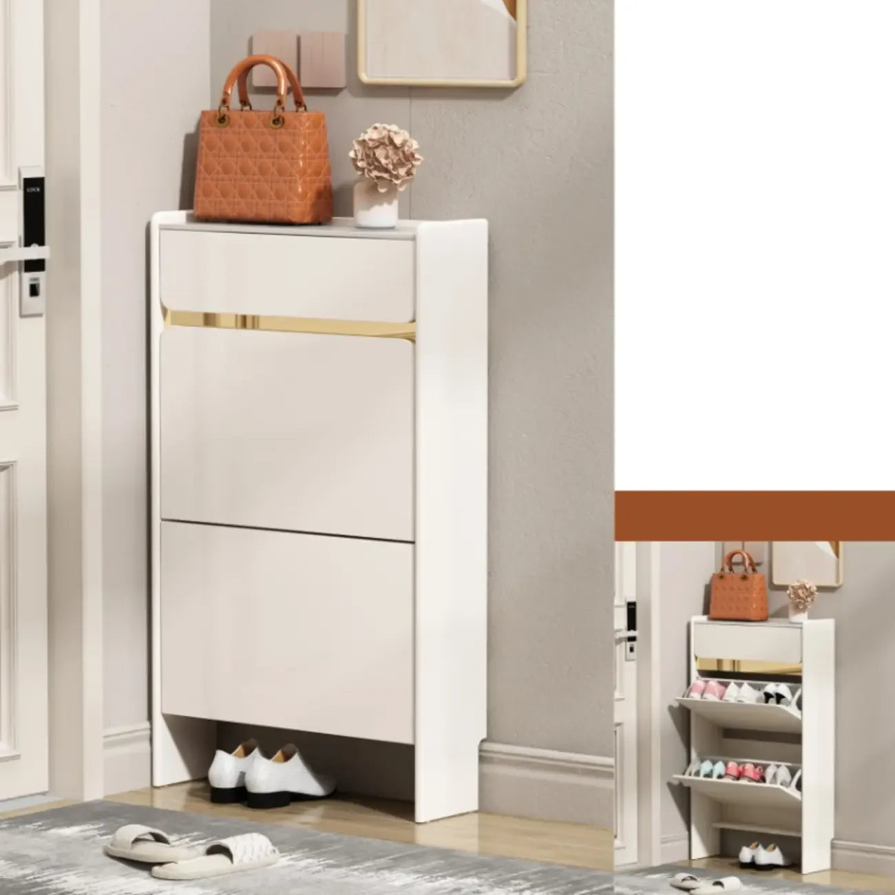 Meuble à chaussures glamour en bois blanc avec tiroirs pour entrée