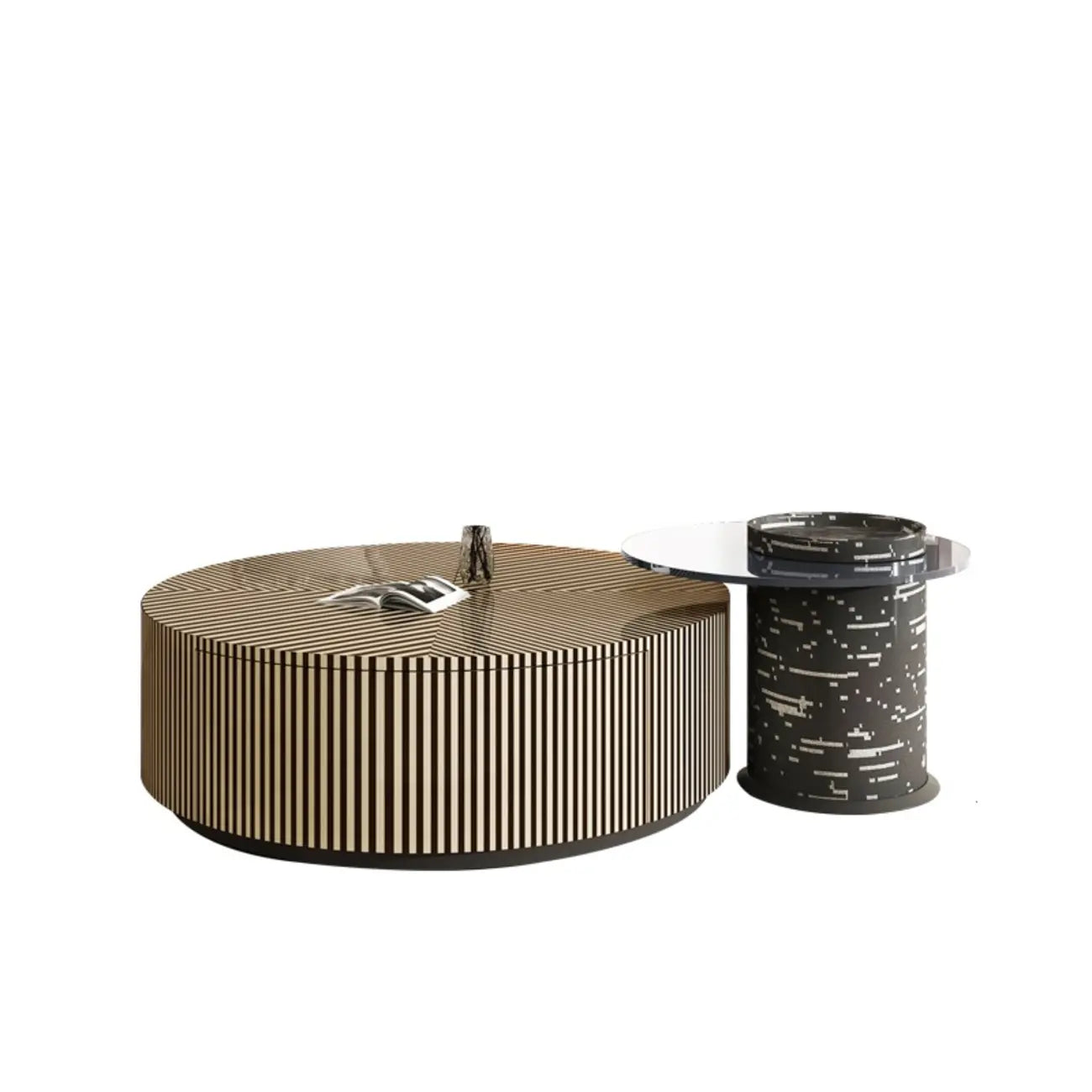 Table basse ronde à tiroirs en bois à rayures noires et blanches