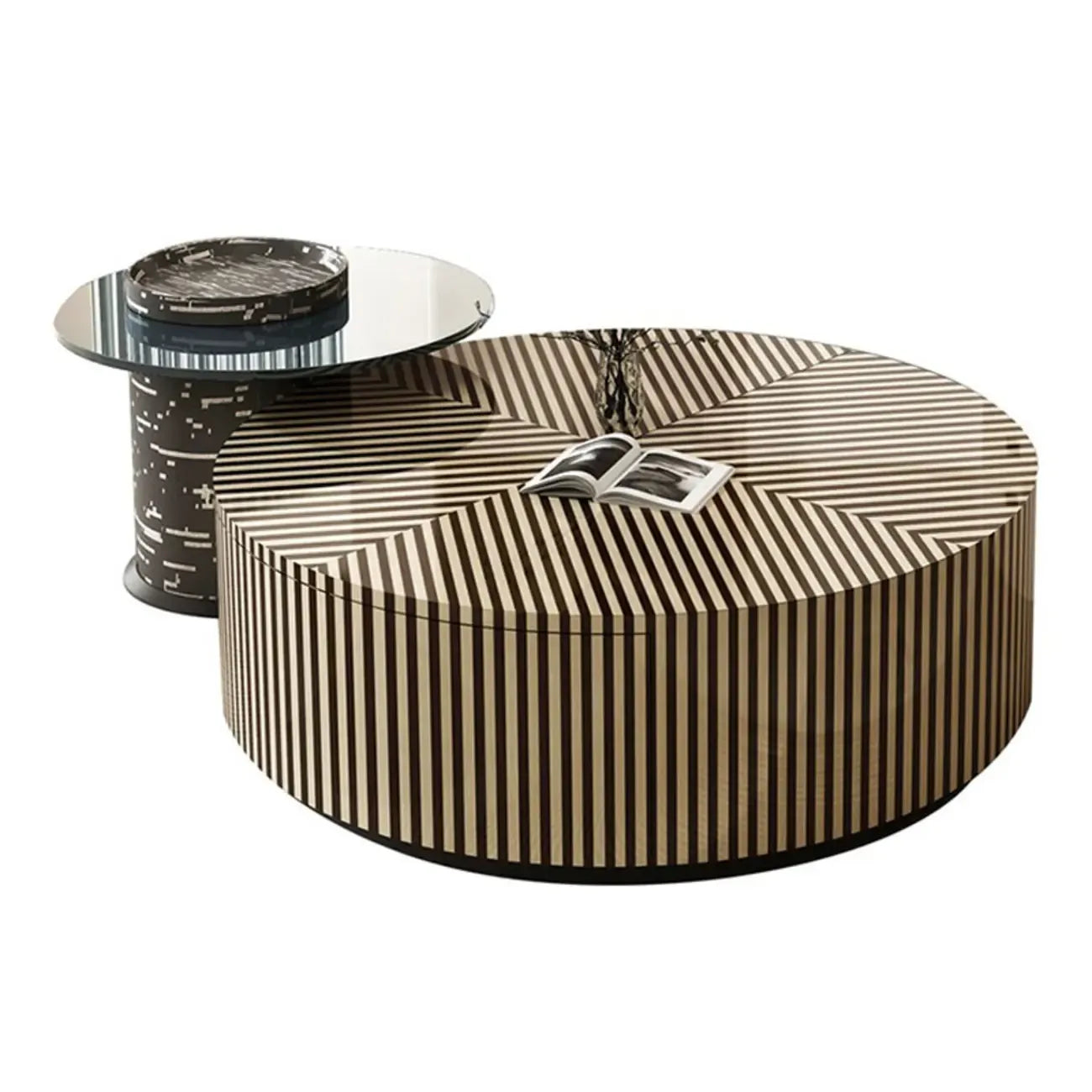 Table basse ronde à tiroirs en bois à rayures noires et blanches