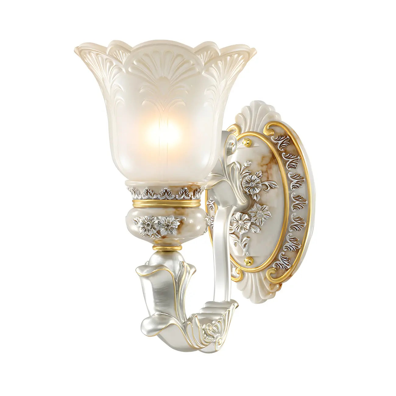 Applique murale LED rétro élégante en verre blanc et or à motif floral.