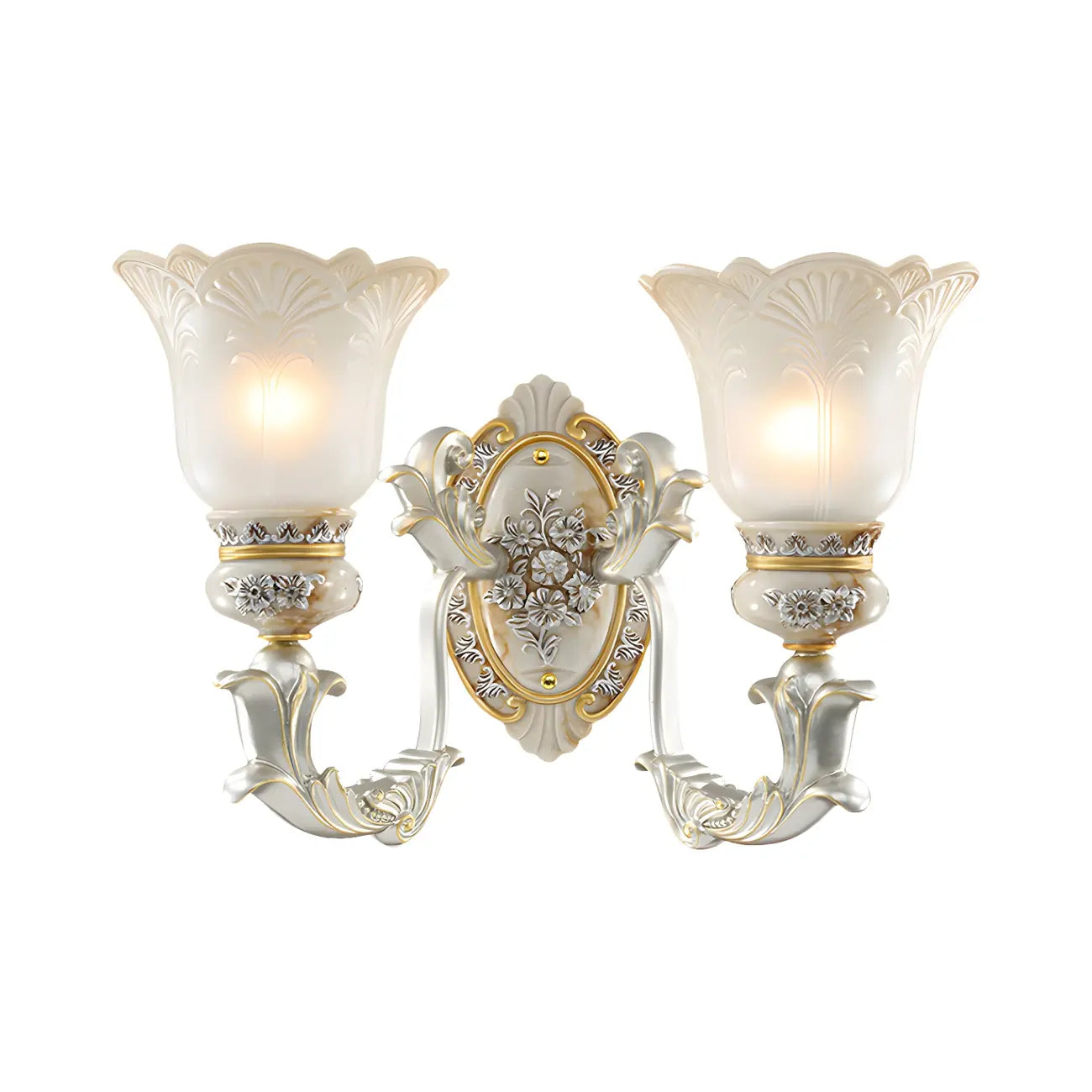 Applique murale LED rétro élégante en verre blanc et or à motif floral.