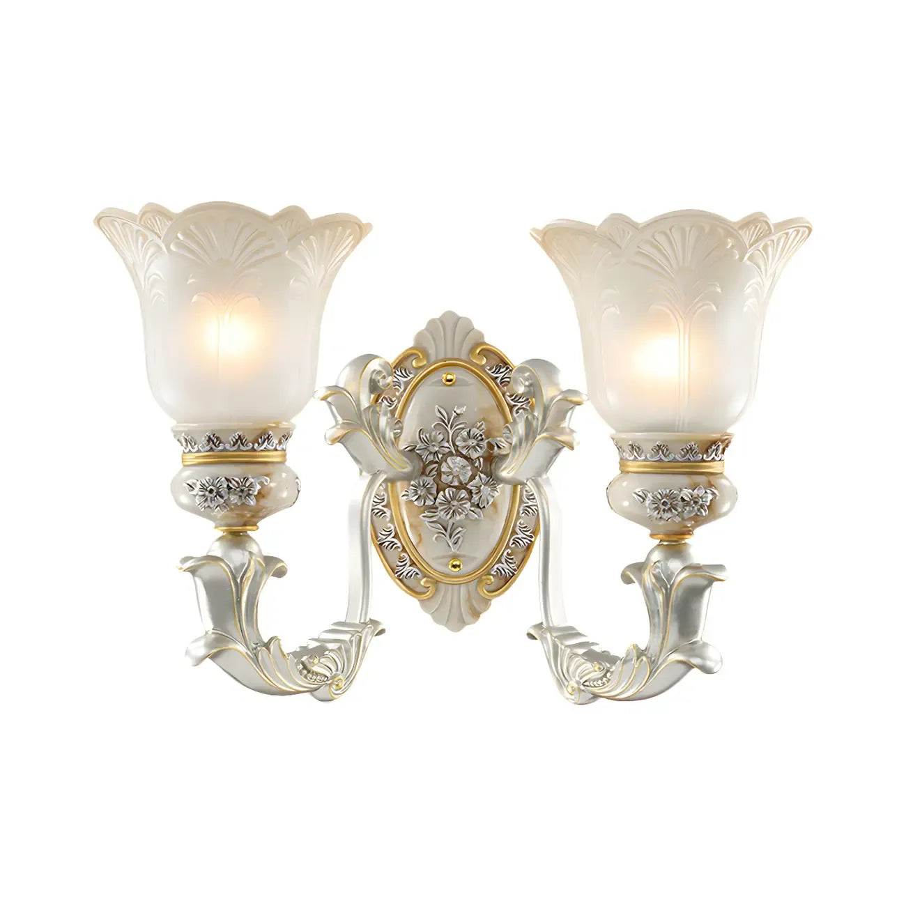 Applique murale LED rétro élégante en verre blanc et or à motif floral.