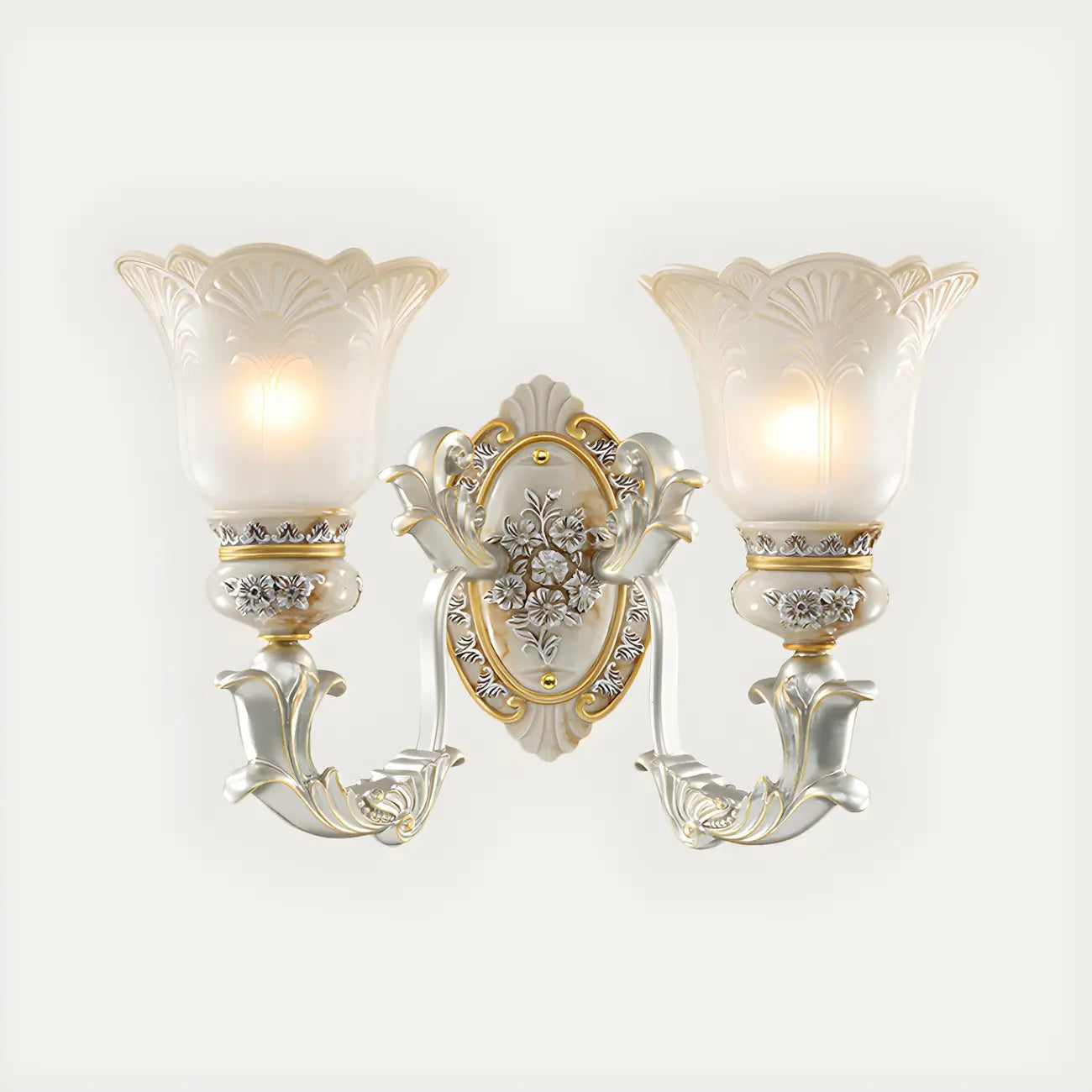 Applique murale LED rétro élégante en verre blanc et or à motif floral.
