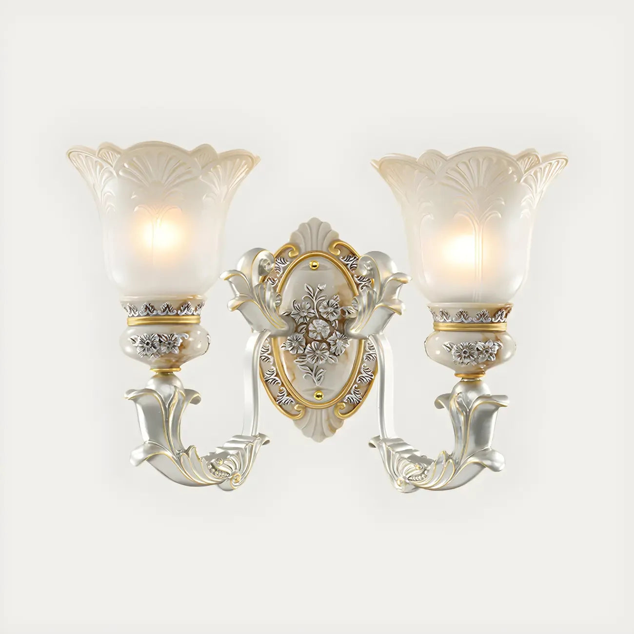 Applique murale LED rétro élégante en verre blanc et or à motif floral.
