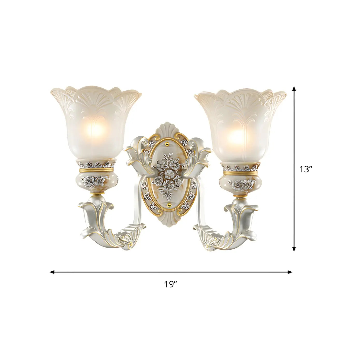 Applique murale LED rétro élégante en verre blanc et or à motif floral.