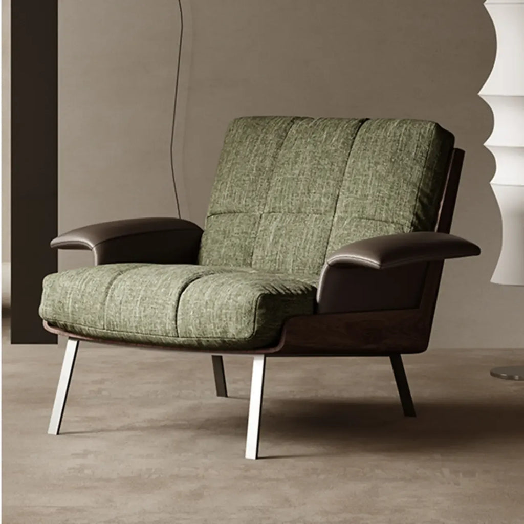 Fauteuil lounge moderne à accoudoirs évasés en tissu vert