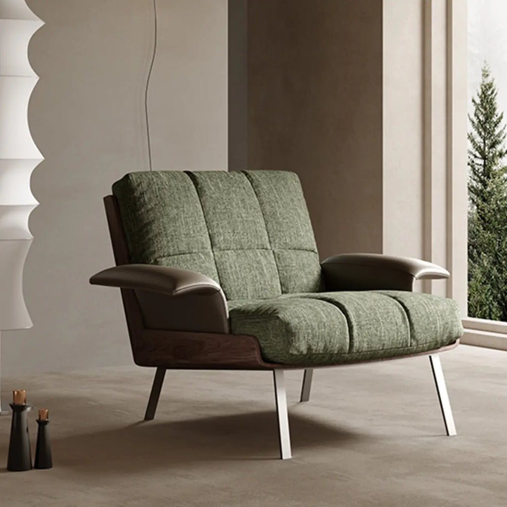 Fauteuil lounge moderne à accoudoirs évasés en tissu vert