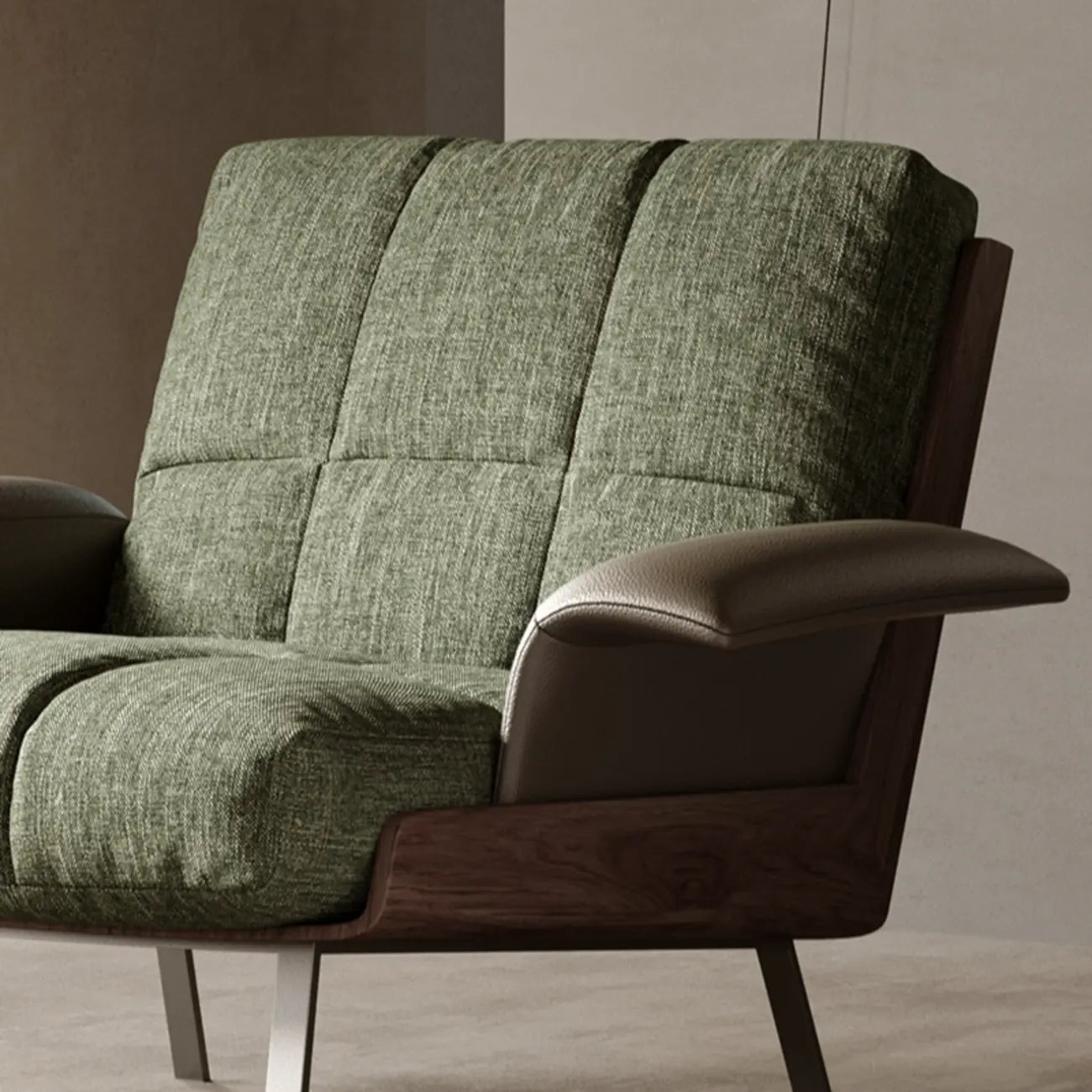 Fauteuil lounge moderne à accoudoirs évasés en tissu vert