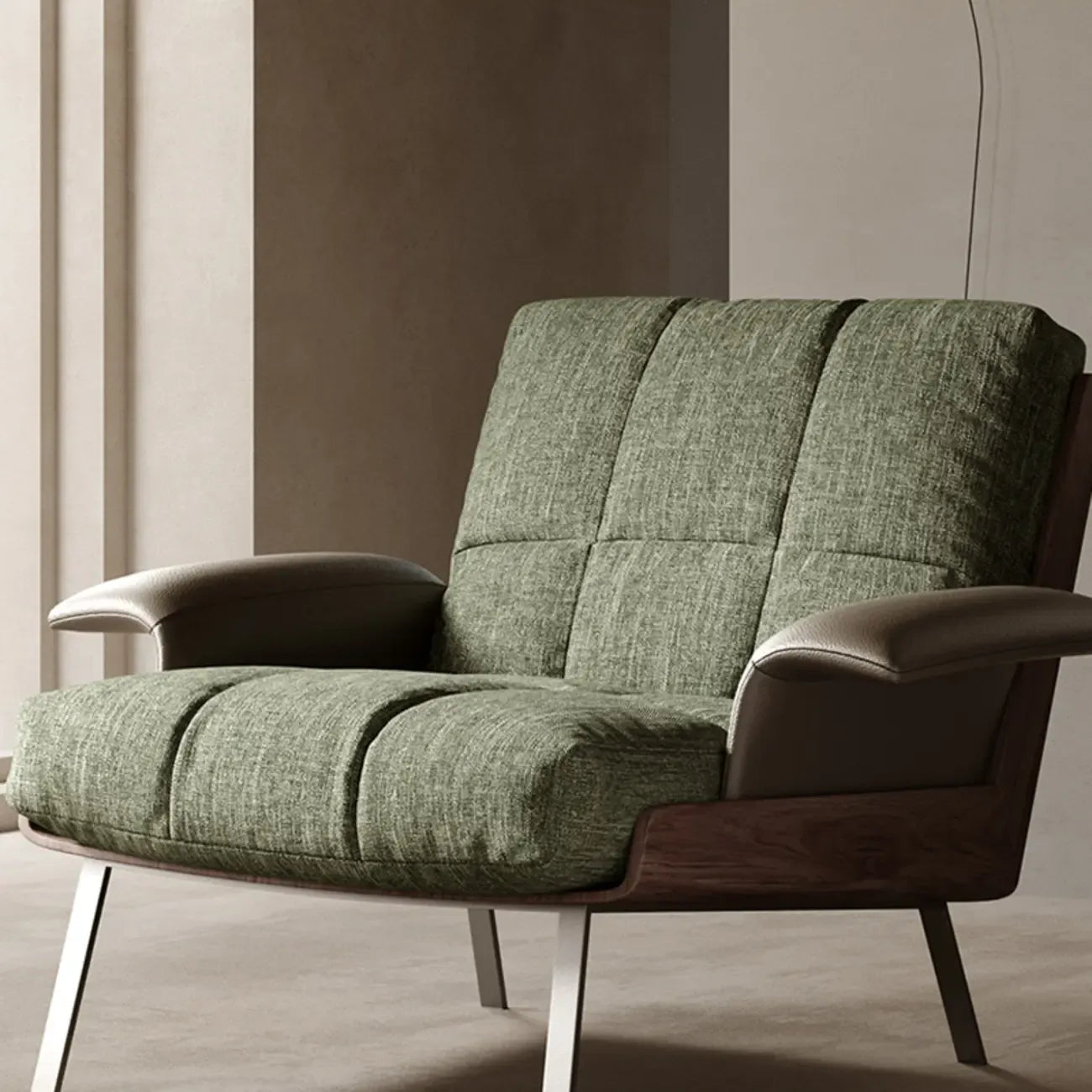 Fauteuil lounge moderne à accoudoirs évasés en tissu vert